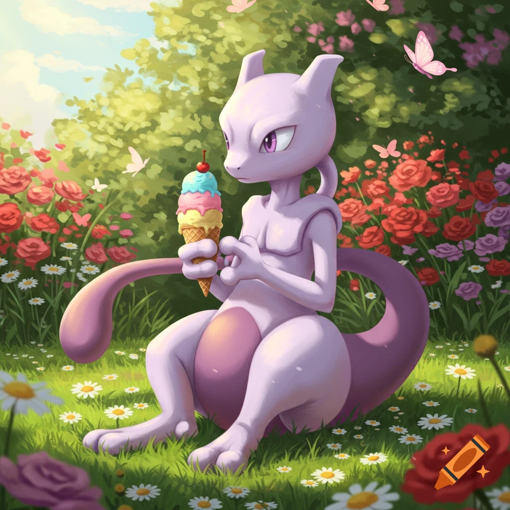Mewtwo sits in a sunny flower garden, holding a colorful ice cream cone while butterflies flutter around. Illustrated.