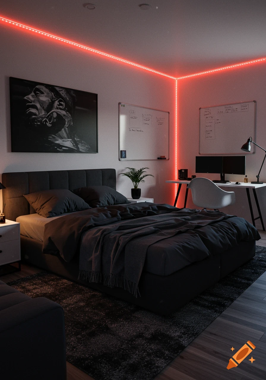 A modern, minimalist bedroom with dark grey bedding, red LED strip lighting, a white desk with dual monitors, and two whiteboards.