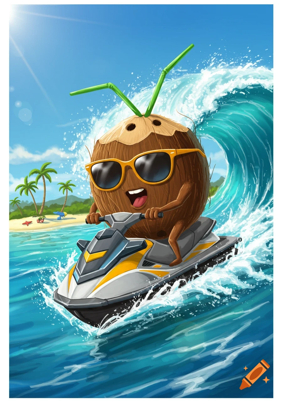 A cartoon coconut wearing sunglasses and green straws on its head rides a jet ski on blue ocean waves near a sunny beach with palm trees.
