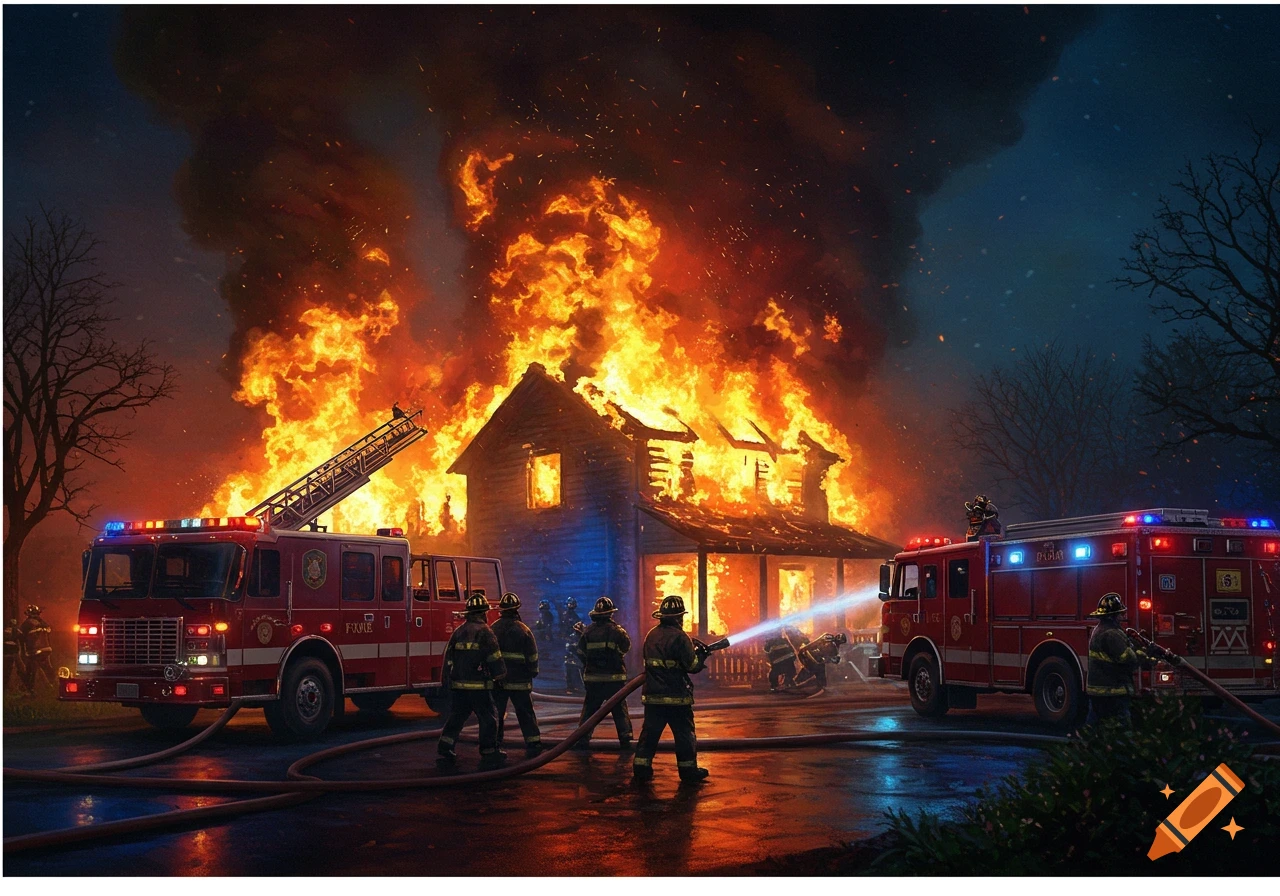 Photorealistic image of firefighters battling a large house fire at night, with two fire trucks on scene.