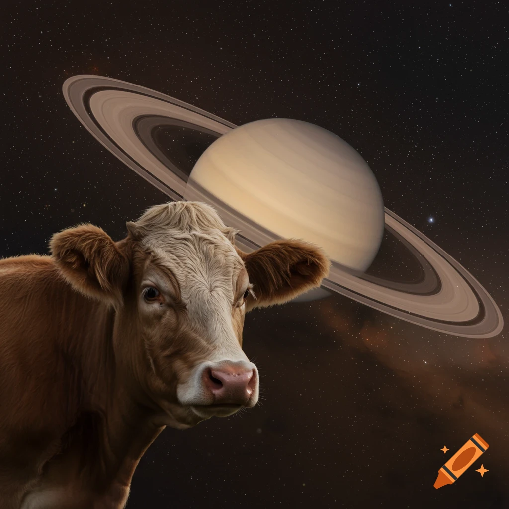 A photorealistic close-up of a brown and white cow's head set against a backdrop of Saturn and its rings in deep space.