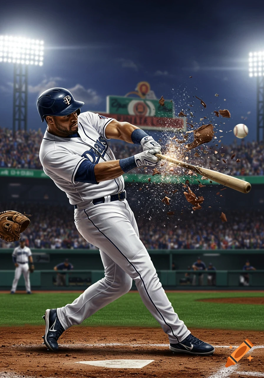 A dynamic shot of a muscular baseball player in a white uniform and blue helmet swinging a bat and hitting the ball, causing an explosion of fragments. The game is played in a stadium at night under bright lights with spectators in the background.