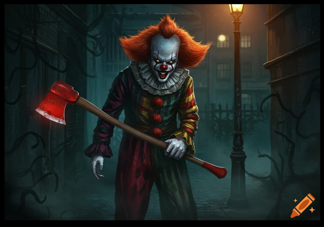 A scary clown with orange hair and a colorful costume holds a glowing red axe in a dark alley illuminated by a lamppost.