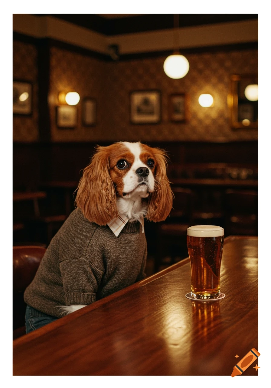 A photorealistic image of a Cavalier King Charles Spaniel dog in a sweater and collared shirt, sitting at a pub bar with a glass of beer.