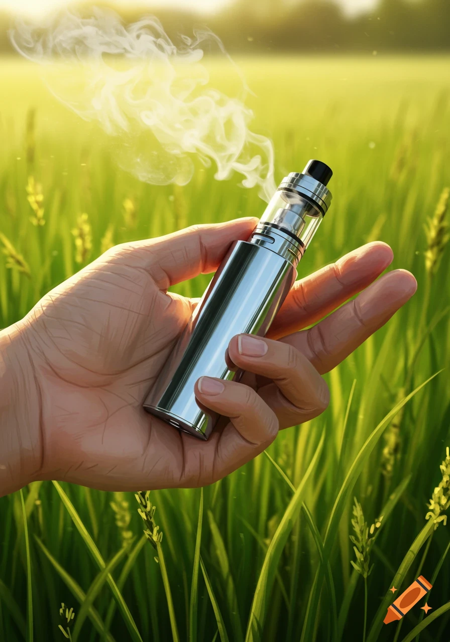 A hand holding a silver vape device, emitting vapor, in a sunny green grassy field.