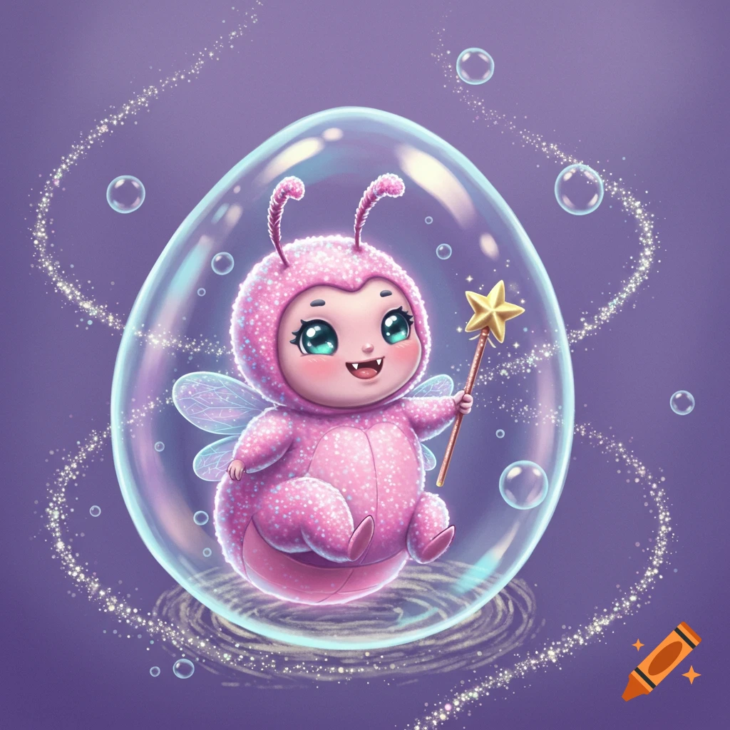 A cute, chubby pink insect-like baby in a sparkly onesie with wings and antennae, holding a star wand, floating inside a bubble with glitter on a purple background.