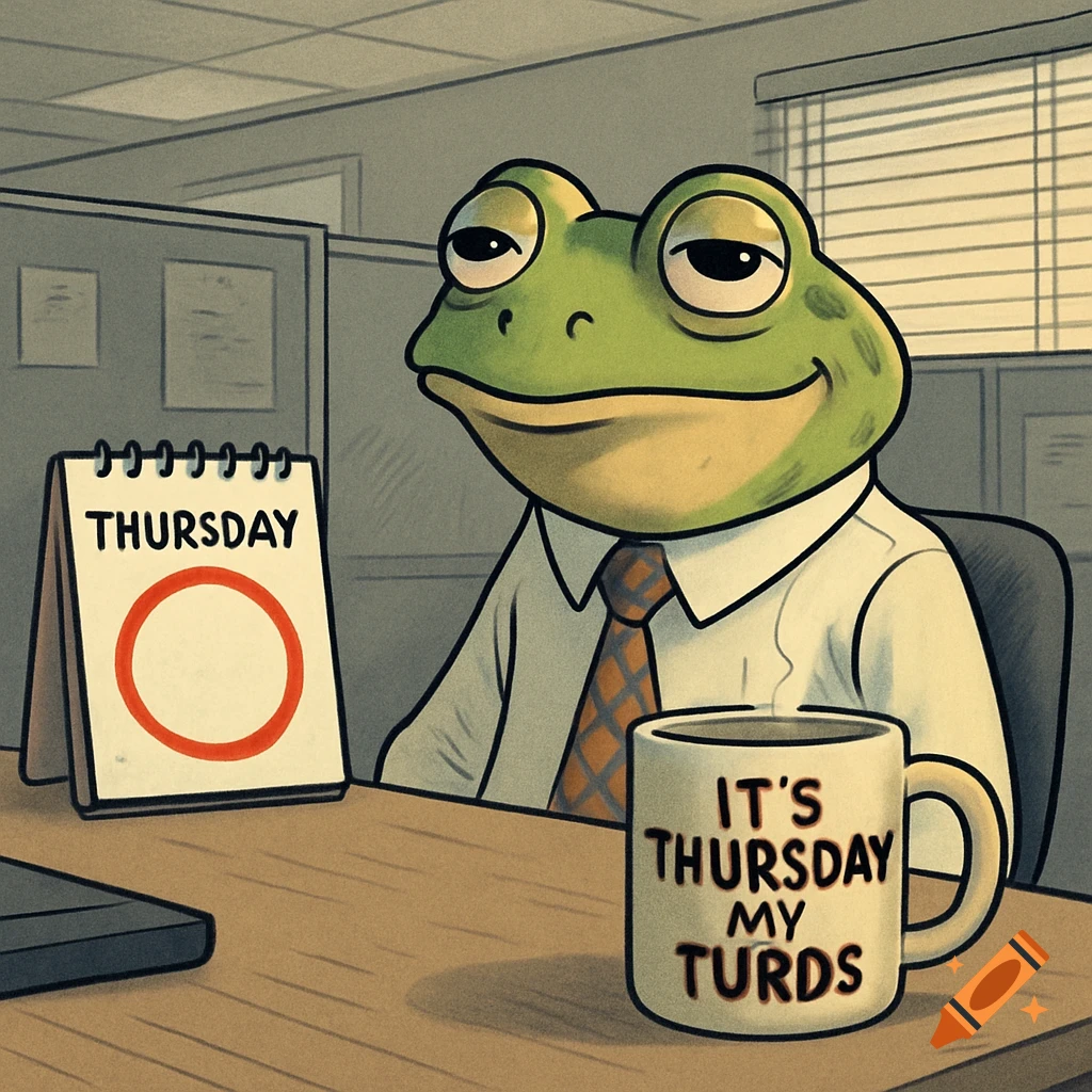 A cartoon frog in a white shirt and tie sits at an office desk next to a calendar marking Thursday and a mug that reads 'IT'S THURSDAY MY TURDS'.