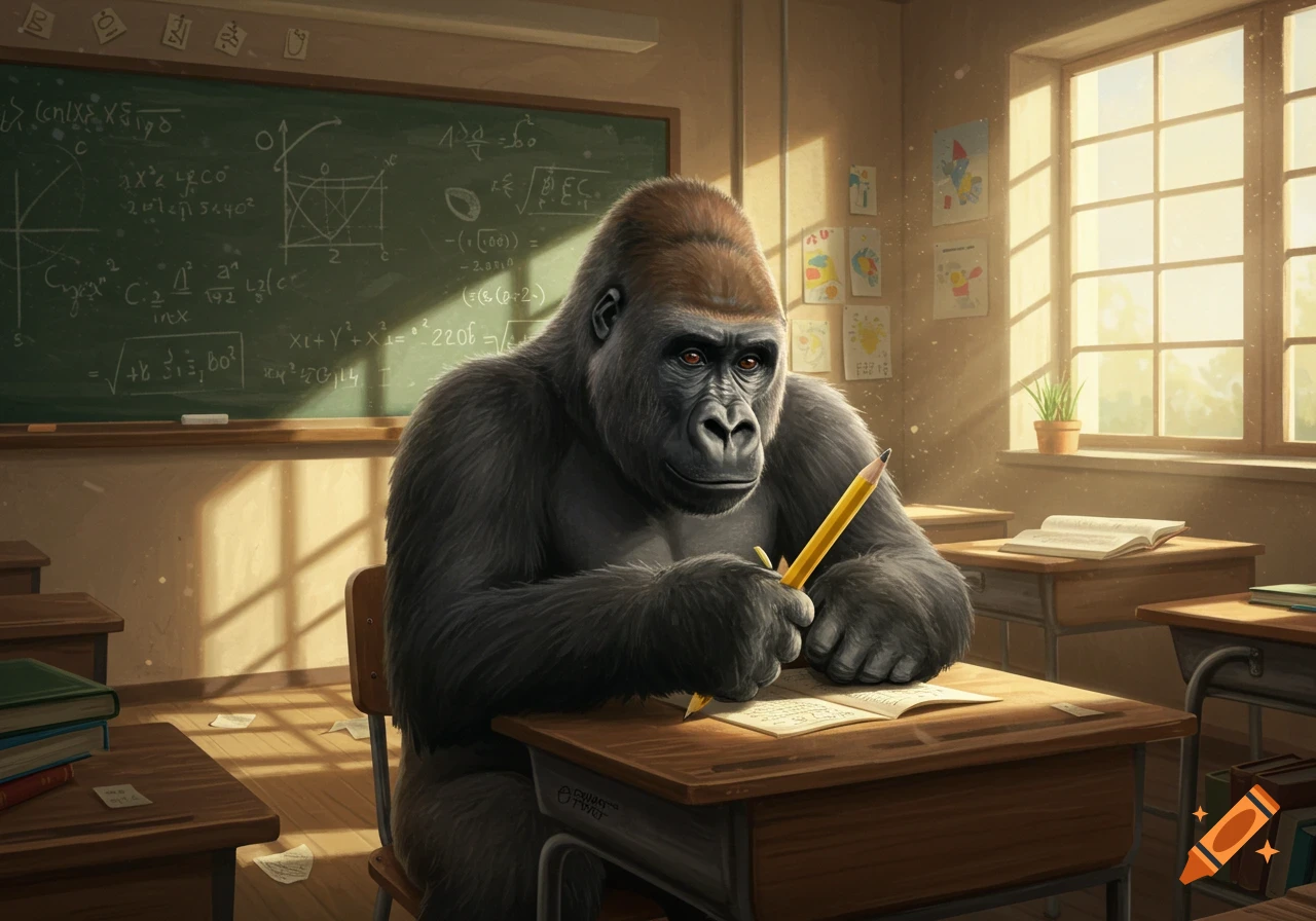 A realistic gorilla sits at a wooden desk in a sunny classroom, holding a yellow pencil over an open book. A blackboard with garbled equations is behind it.