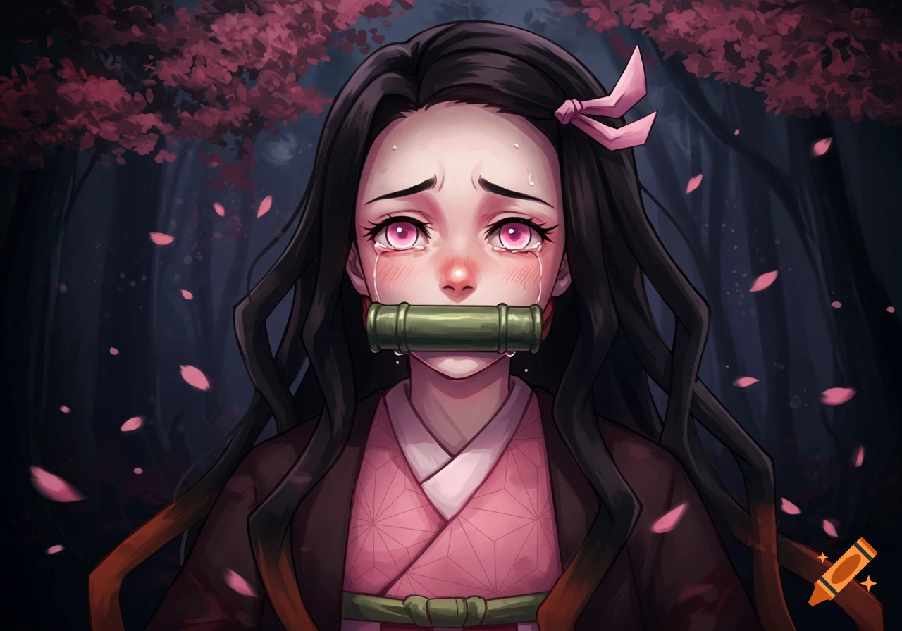 Close-up anime illustration of Nezuko from Demon Slayer crying with tears, wearing her bamboo muzzle, in a dark forest.