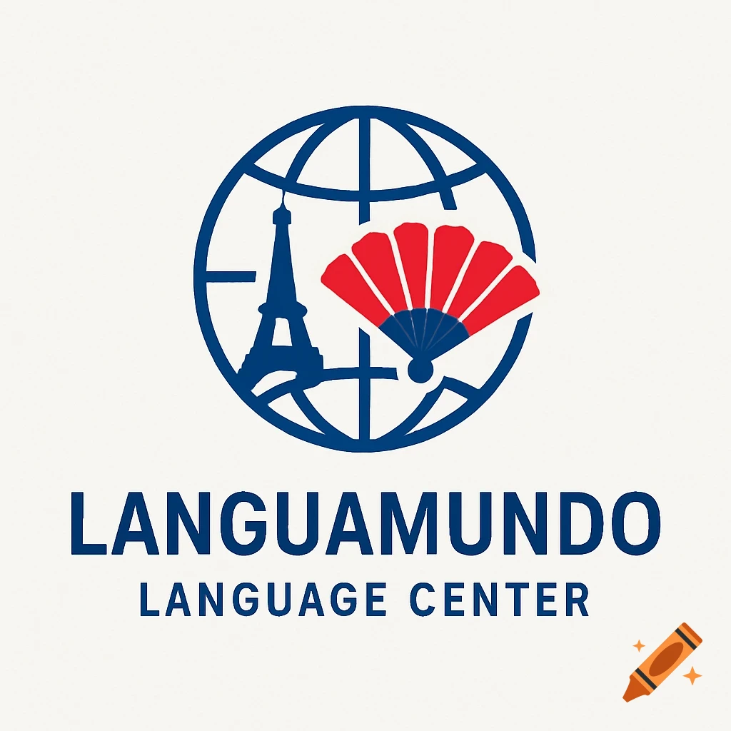 A logo with a blue globe containing a silhouette of the Eiffel Tower and a red fan, with "LANGUAMUNDO LANGUAGE CENTER" text below.