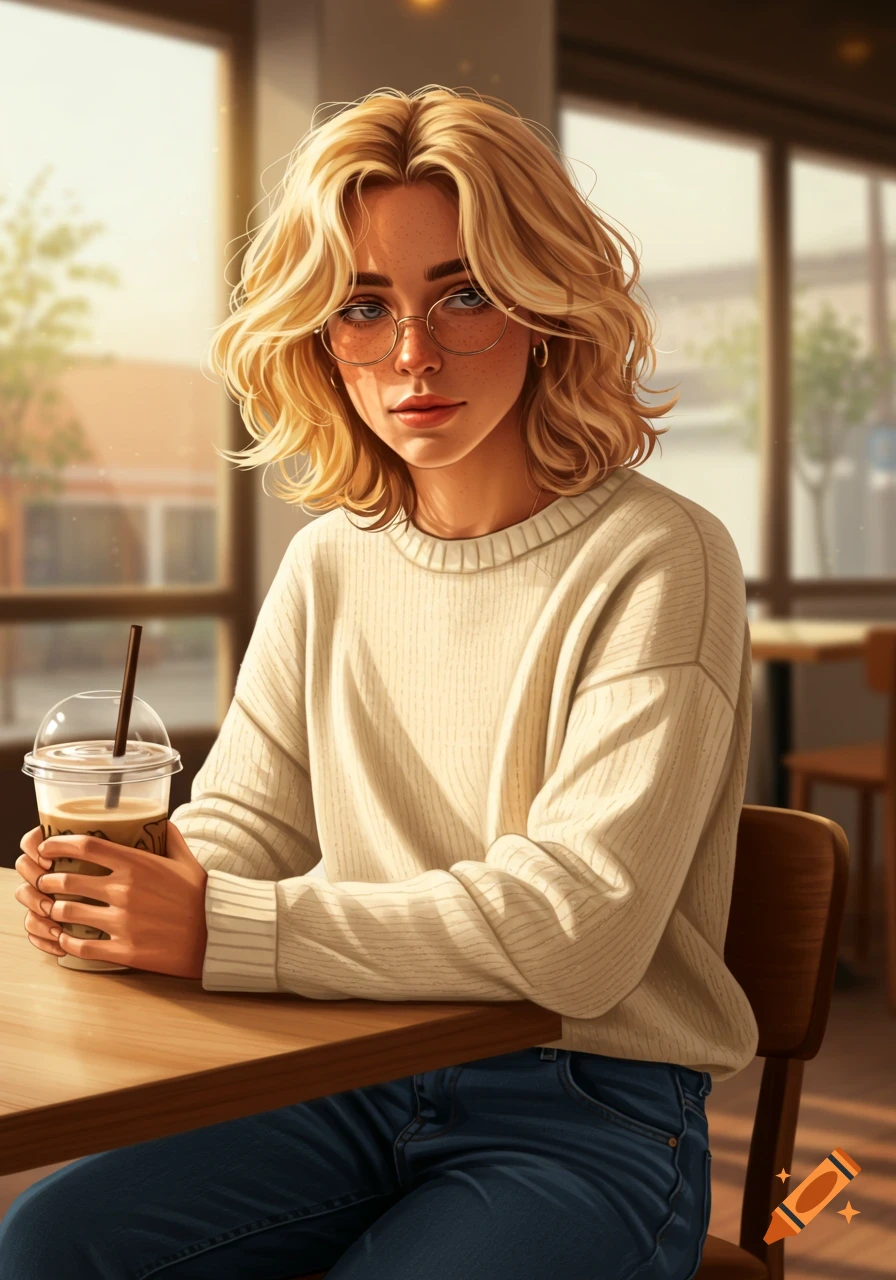 A blonde woman with glasses in a cream sweater and jeans sips a drink at a sunny cafe table, rendered in a digital art style.
