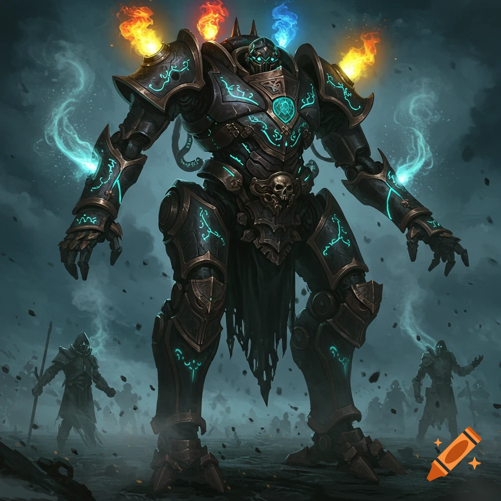 A massive, dark fantasy war machine with glowing teal runes, fiery shoulders, and blue energy stands over small figures in a stormy landscape.