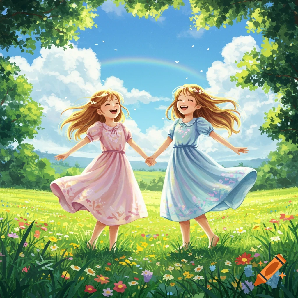 Two smiling girls in pink and blue dresses hold hands, skipping through a vibrant flower field under a clear sky with a rainbow, in a cheerful illustration.