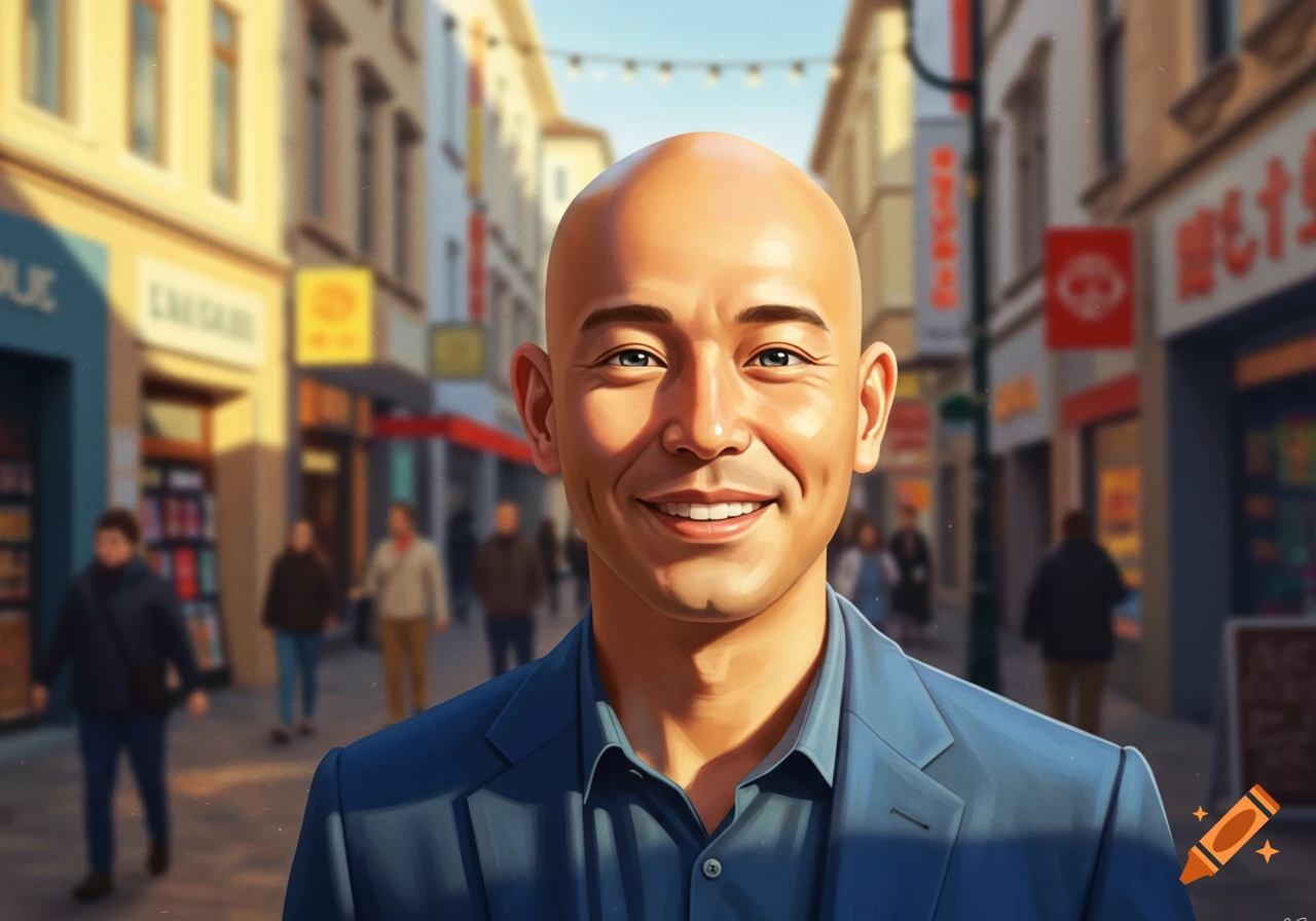 Smiling bald man in a blue jacket on a sunny urban street, digital art.