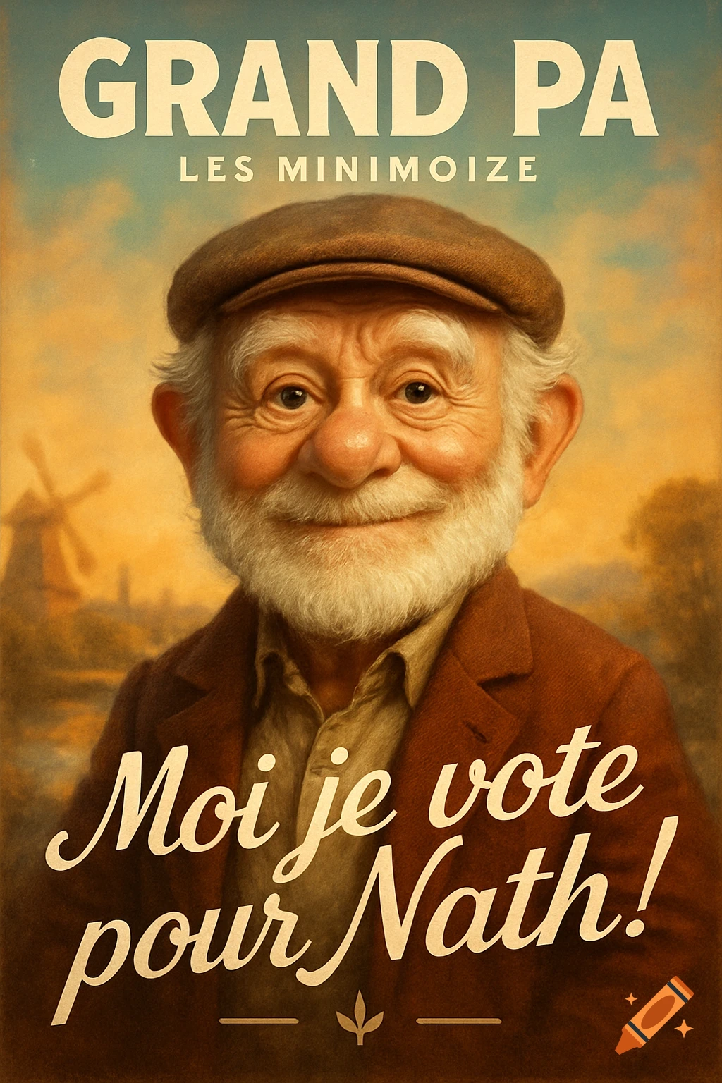 Vintage-style illustrated campaign poster with a smiling old man in a cap and beard, a windmill in background. Text: 'GRAND PA LES MINIMOIZE', 'Moi je vote pour Nath!'.