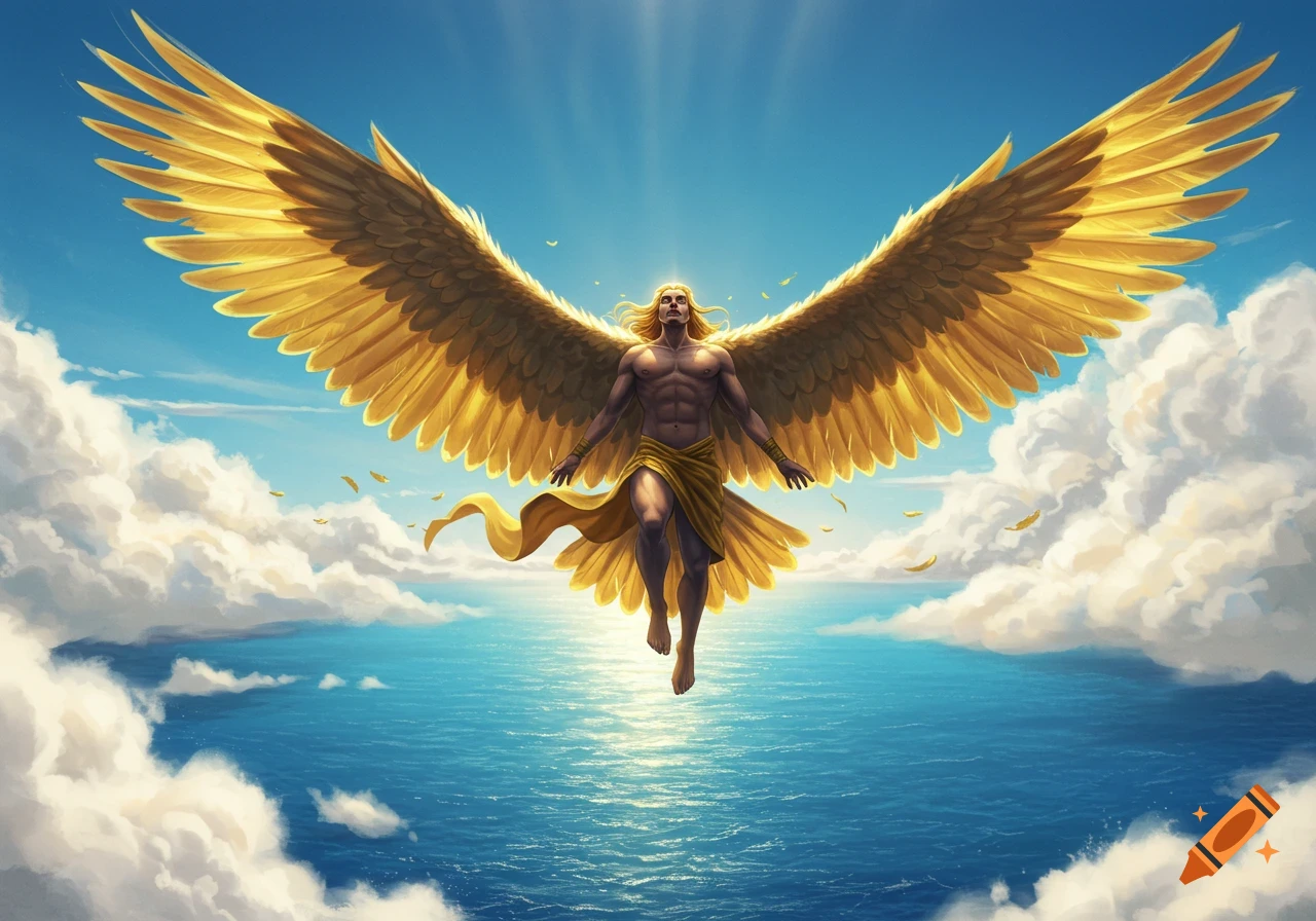 Muscular man with long golden hair and large golden wings flies high above a blue ocean and white clouds in a vibrant digital painting.