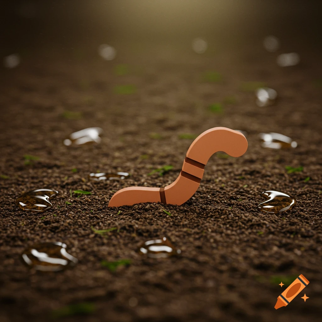 A stylized brown earthworm pictogram partially emerged from dark, damp soil with reflective puddles.
