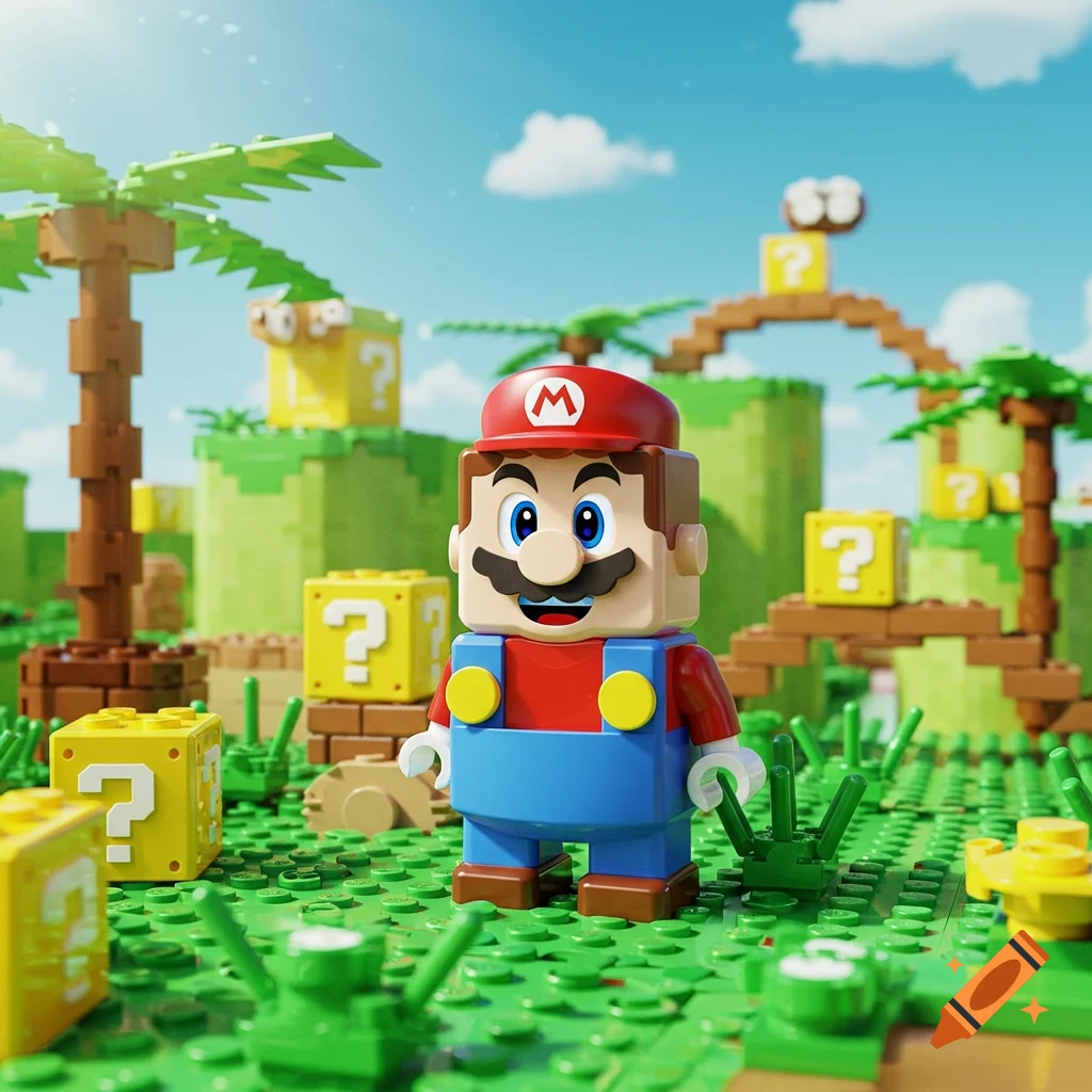 A Lego Super Mario figure stands in a vibrant Lego landscape with green grass, palm trees, and yellow question mark blocks.