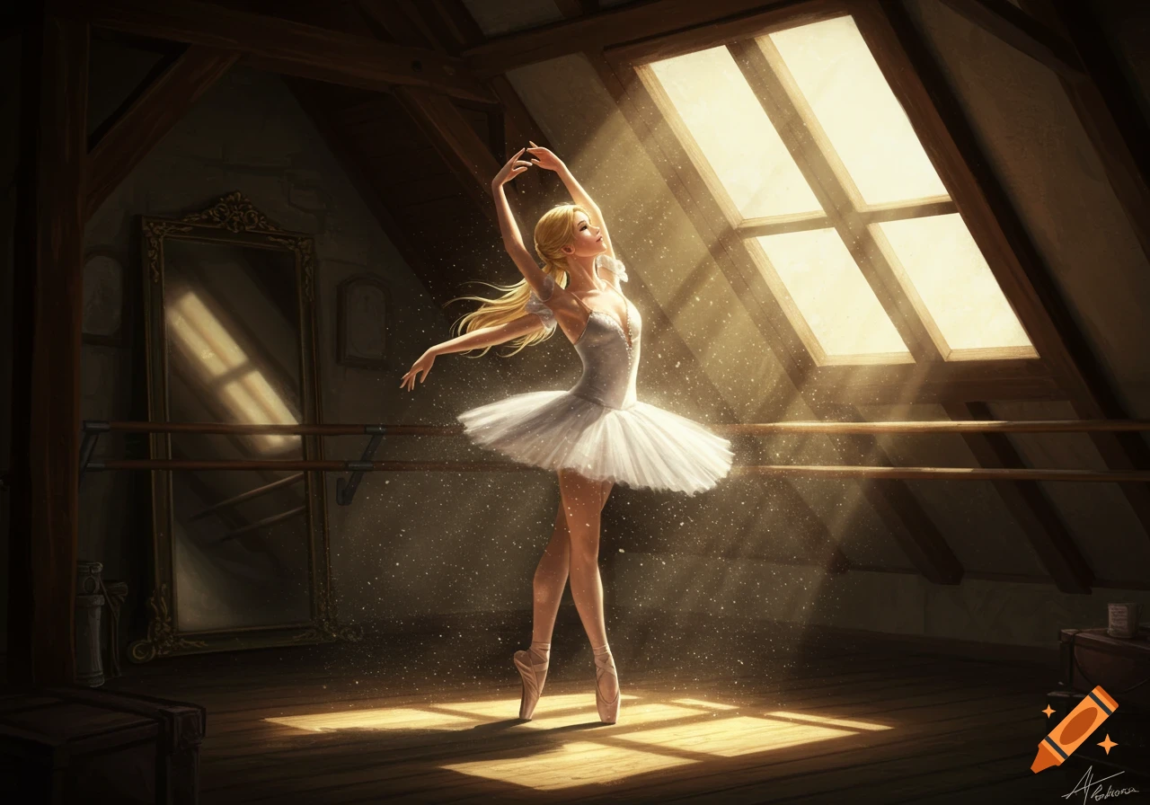 A blonde ballerina in a white tutu performs an arabesque in a sunlit attic, sparkling dust around her.