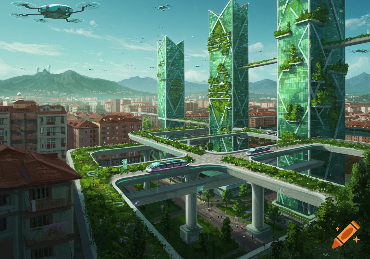 A vibrant, green futuristic city with towering plant-covered buildings, elevated trains, and flying drones. Mountains are in the background.