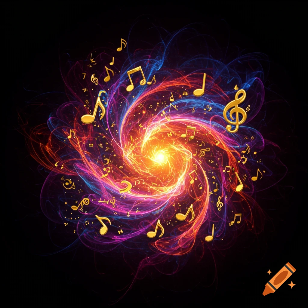 Golden music notes swirl around a bright, colorful abstract light vortex on a black background.