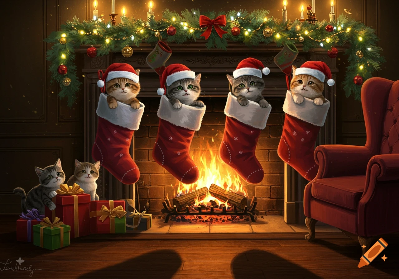 Multiple cute kittens in Santa hats in Christmas stockings above a fireplace, with gifts and garland in a cozy holiday scene.