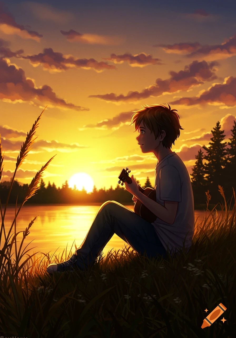 An anime boy playing a ukulele by a lake at sunset, surrounded by tall grass and pine trees.