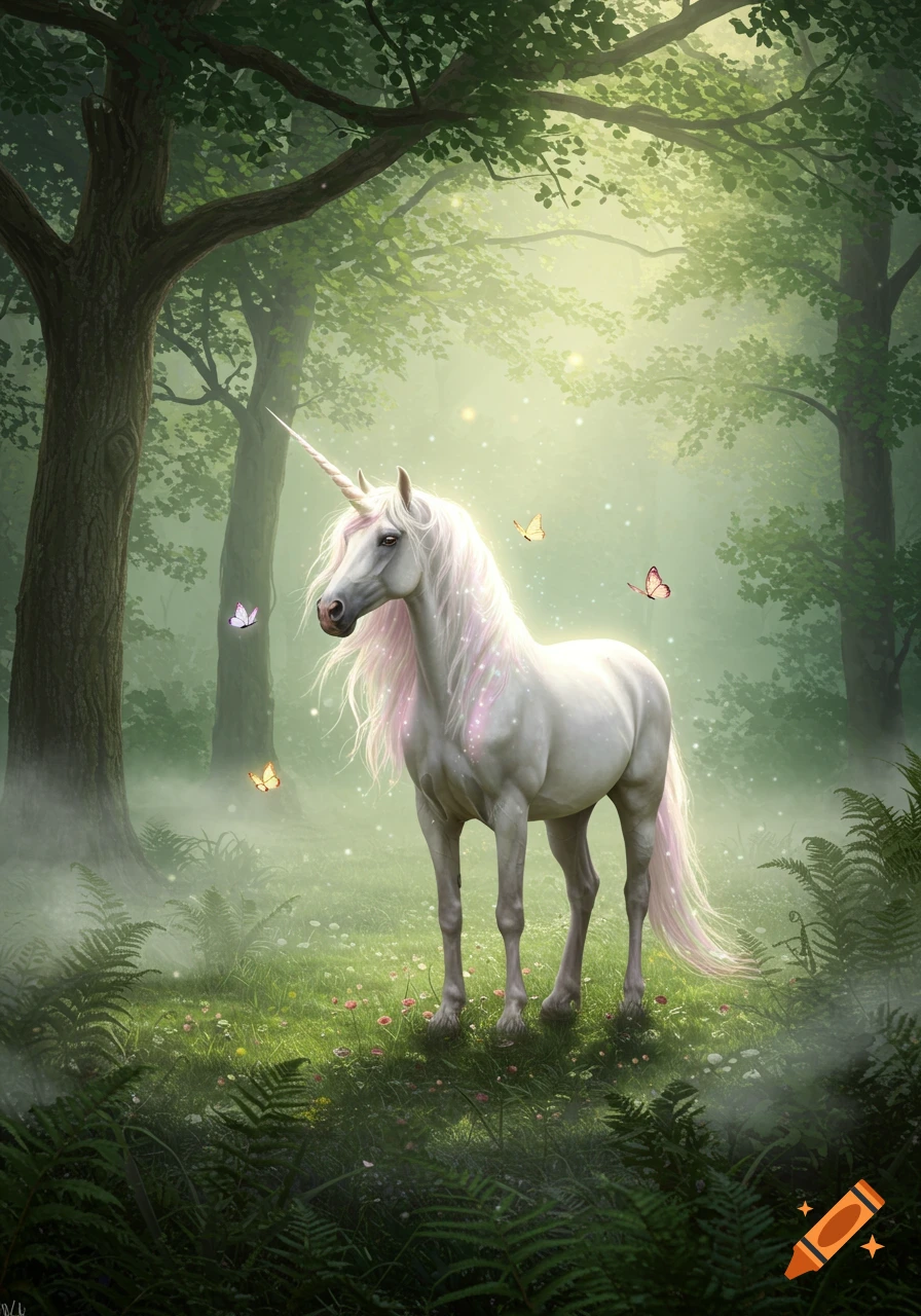 A majestic white unicorn with a pink mane stands in a misty, magical forest with butterflies and glowing light.