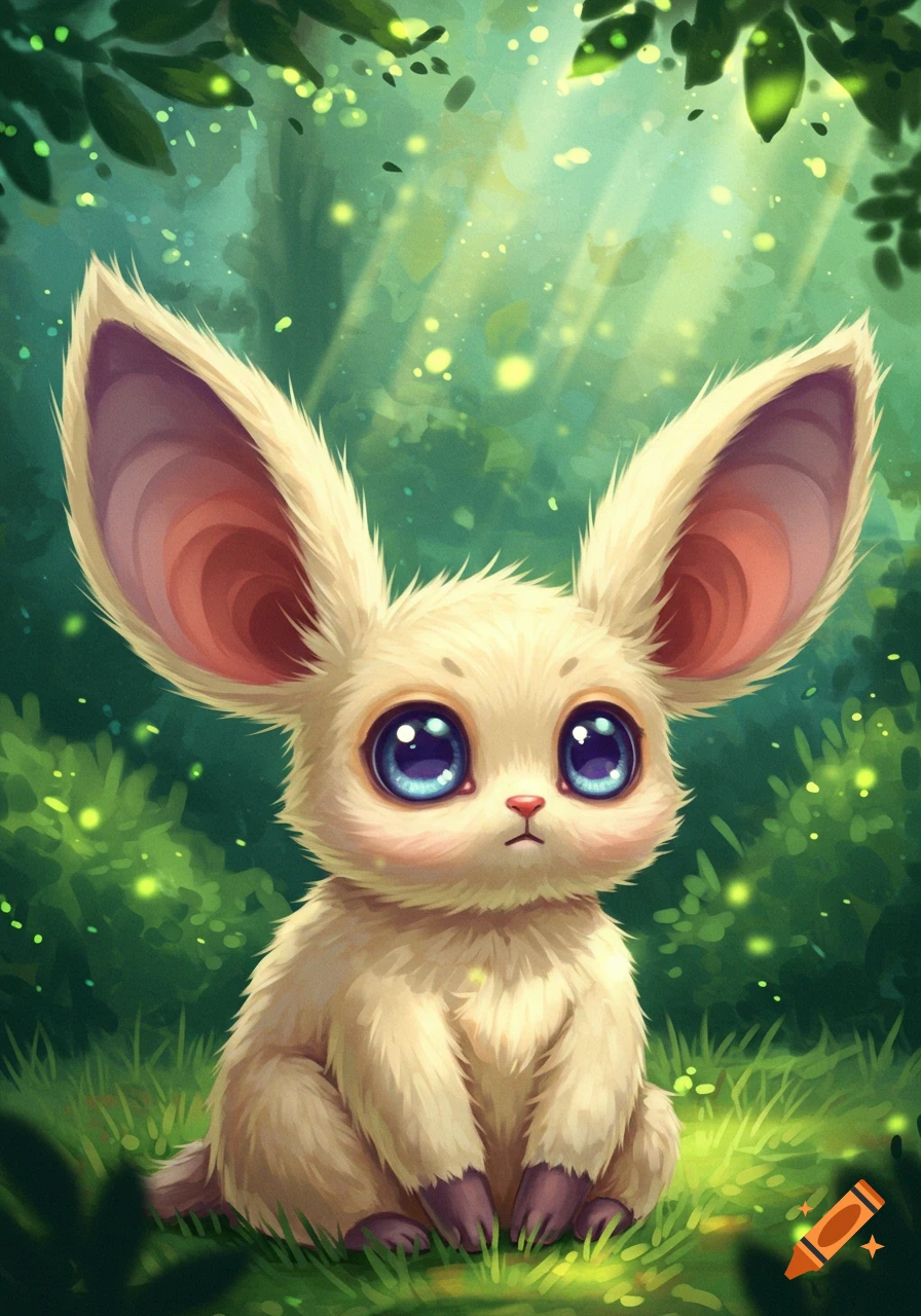 A whimsical, furry cream-colored creature with large ears and huge blue eyes sits in a lush green forest with glowing lights.