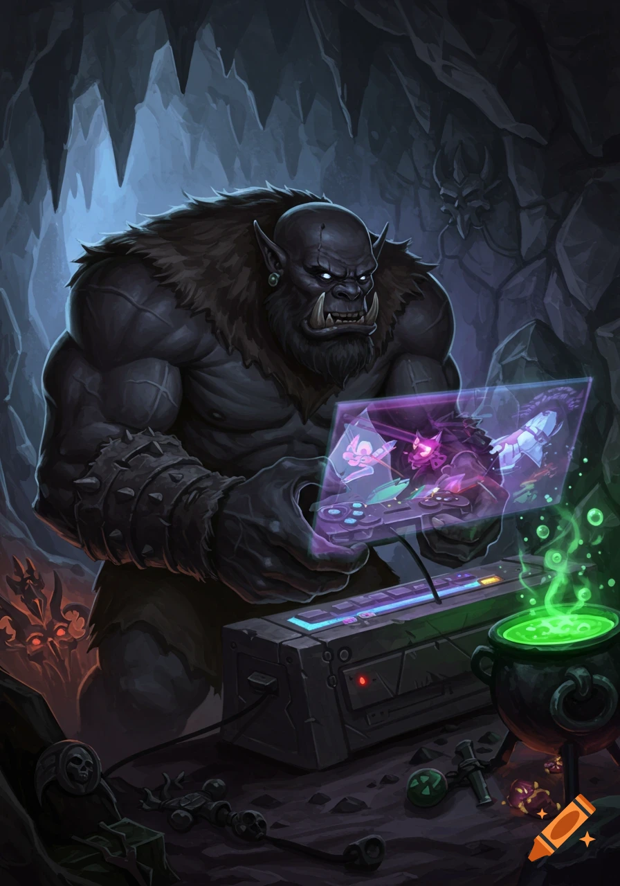 A dark ogre gamer with tusks and glowing eyes plays a video game on a transparent screen in a cave, with a bubbling green cauldron nearby.