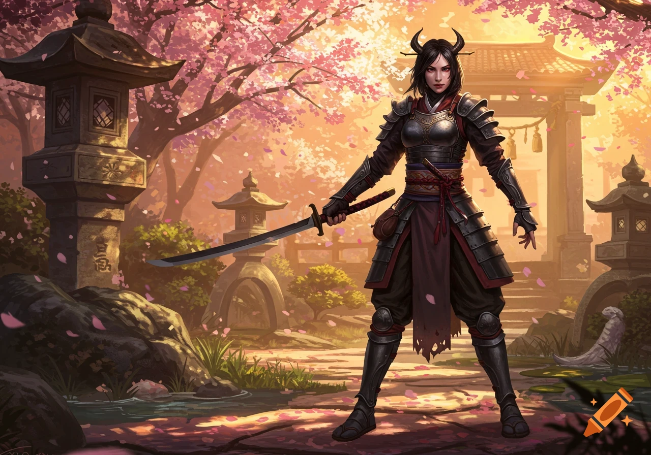 A horned female samurai in black and red armor holds a katana in a Japanese garden filled with pink cherry blossoms and stone lanterns. Digital art.