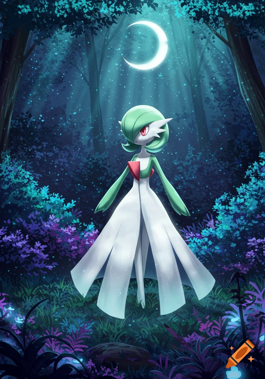 Gardevoir stands in a magical, glowing forest at night under a crescent moon.