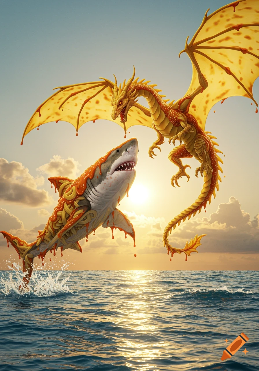 A pasta-covered shark leaps from the ocean towards a flying, pasta-covered dragon at sunset.