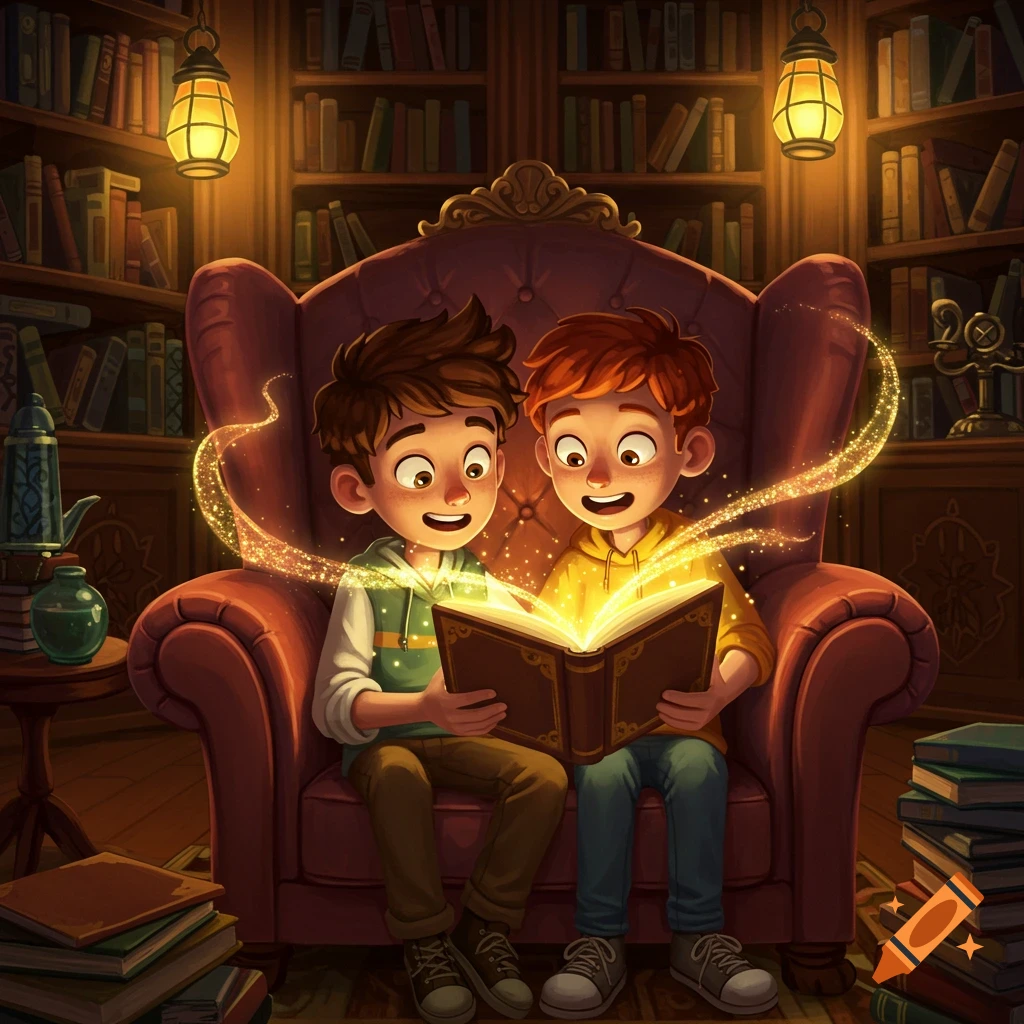 Two happy cartoon boys read a glowing magic book in a cozy, lamp-lit library with bookshelves.