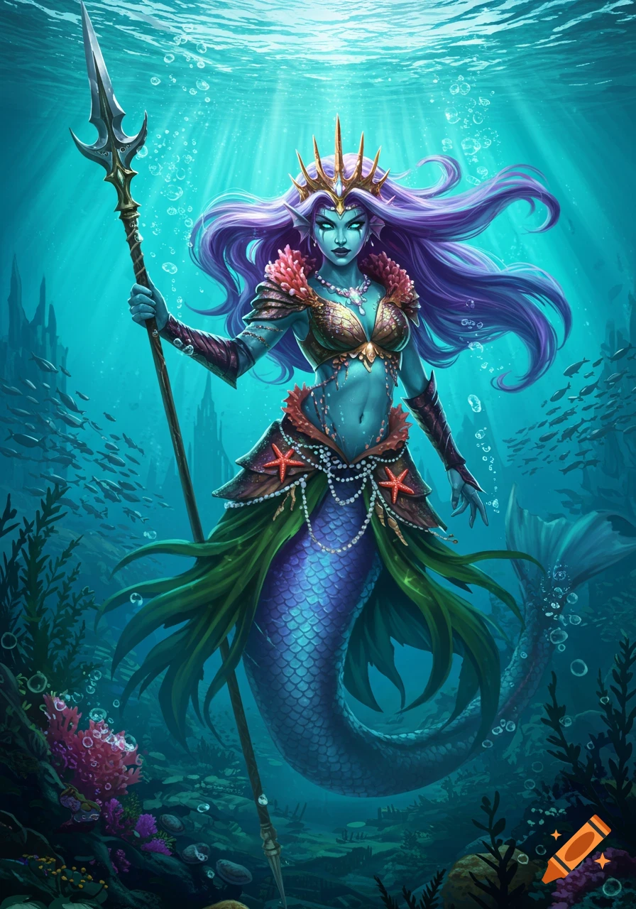 A regal purple-haired mermaid queen with a golden crown and armor holds a spear underwater, surrounded by fish and coral in a vibrant digital illustration.