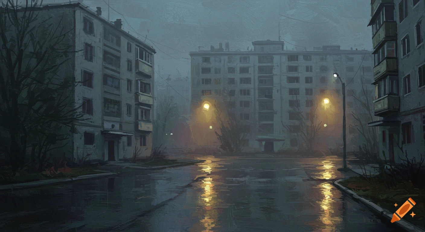 A moody painting of post-Soviet apartment blocks on a foggy, wet street at night, with streetlights reflecting on the asphalt.