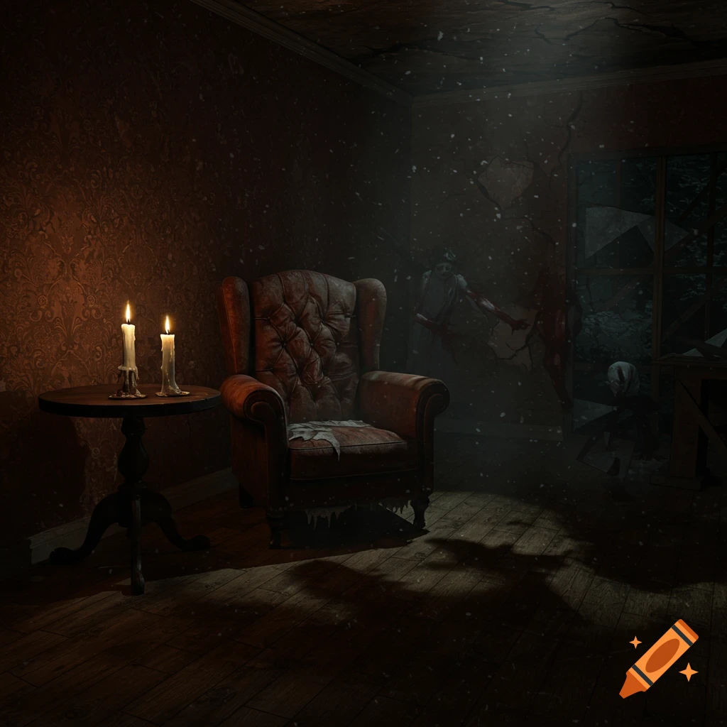 An eerie, decaying gothic room with a leather armchair, lit candles, and shadowy figures visible in the dark near a broken window.