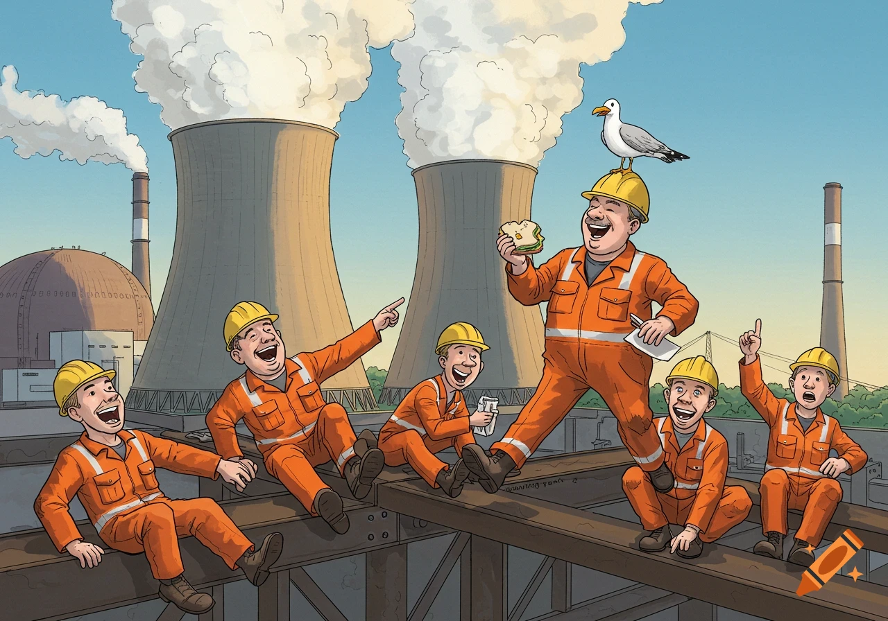 Humorous illustration of construction workers laughing on a beam at a nuclear power plant, with a seagull on one worker's hard hat as he eats a sandwich.