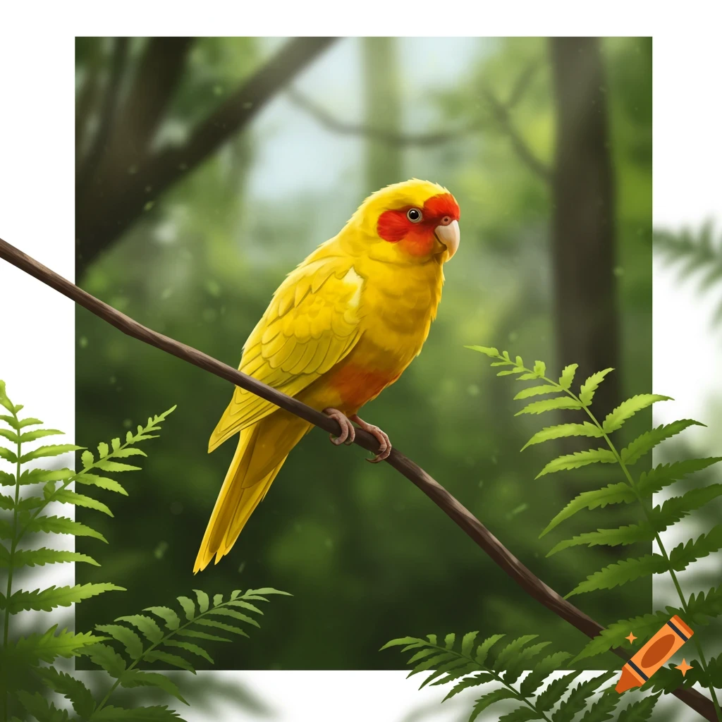 A vibrant yellow New Zealand parakeet with a red mask perches on a branch in a lush green forest, digital illustration.