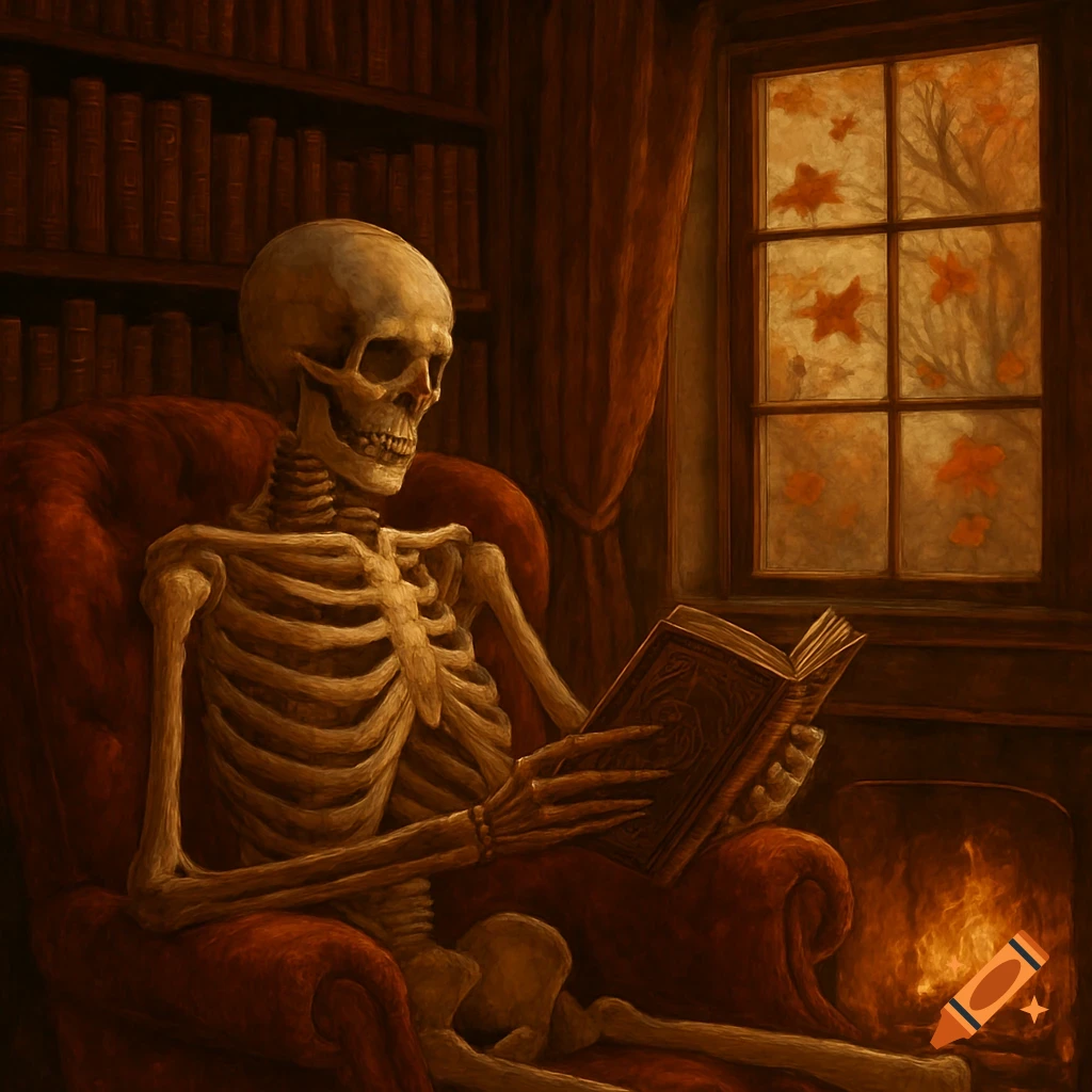 A skeleton sits in a red armchair, reading a book by a fireplace in a cozy library, with autumn leaves outside a window.
