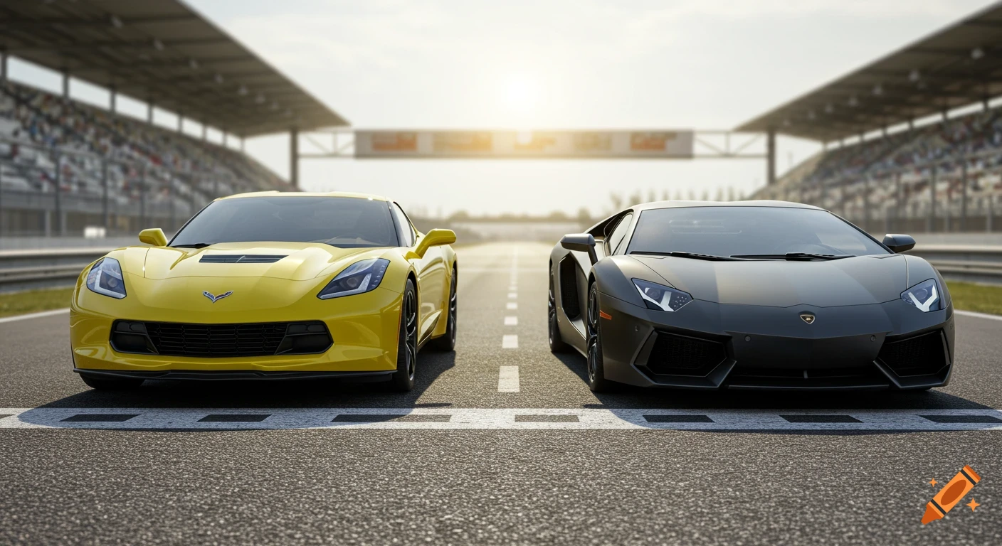 A yellow Chevrolet Corvette C7 Z06 and a matte black Lamborghini Aventador LP 700-4 at the starting line of a race track.