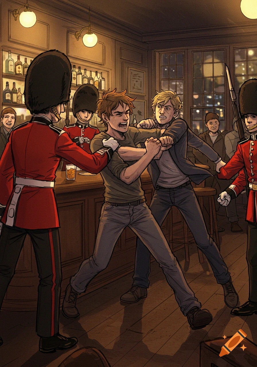 Comic art illustration of two men fighting in a dimly lit London bar, with British guards in red uniforms intervening.