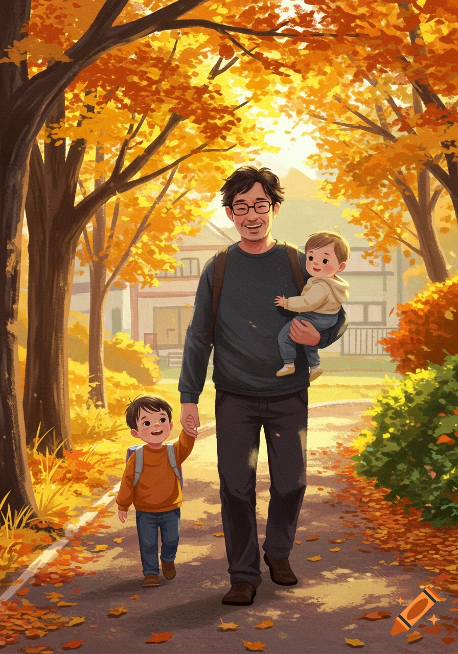 Digital illustration of a father walking with his two young sons on an autumn path under golden trees.
