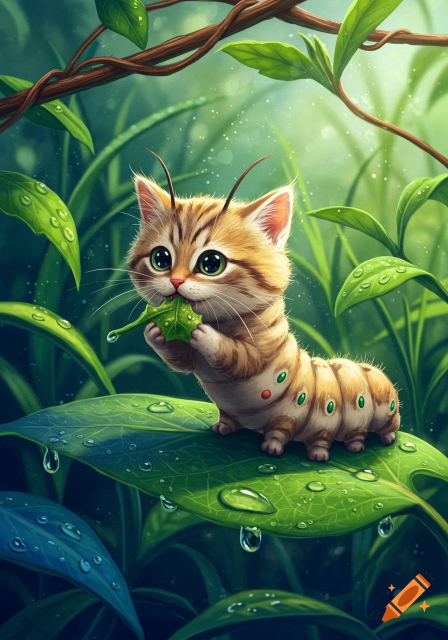 A cute, fluffy, striped cat-caterpillar hybrid with big green eyes eats a dewy green leaf in a lush forest.