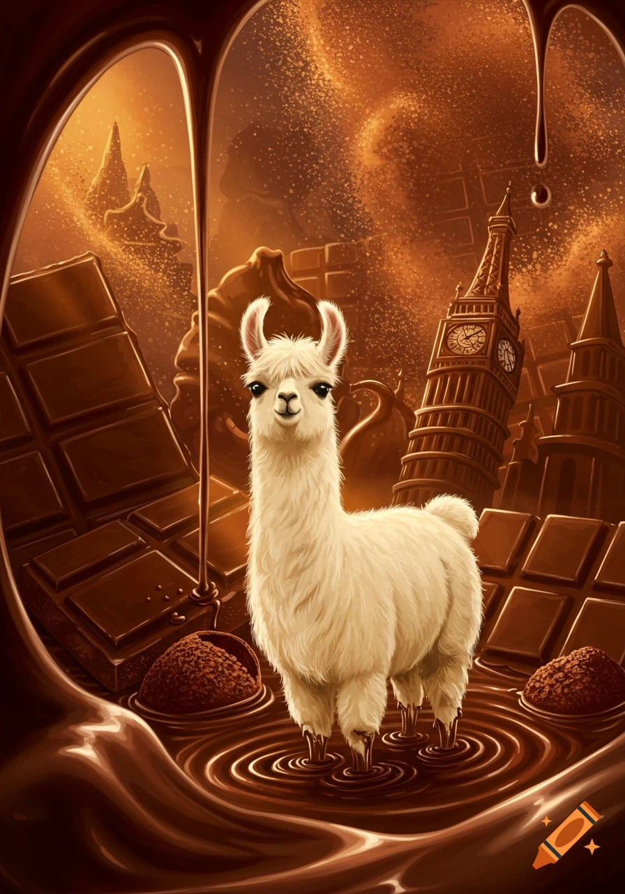 A whimsical illustration of a white llama standing in melted chocolate, surrounded by chocolate bars and chocolate architecture like Big Ben, with chocolate dripping from above.