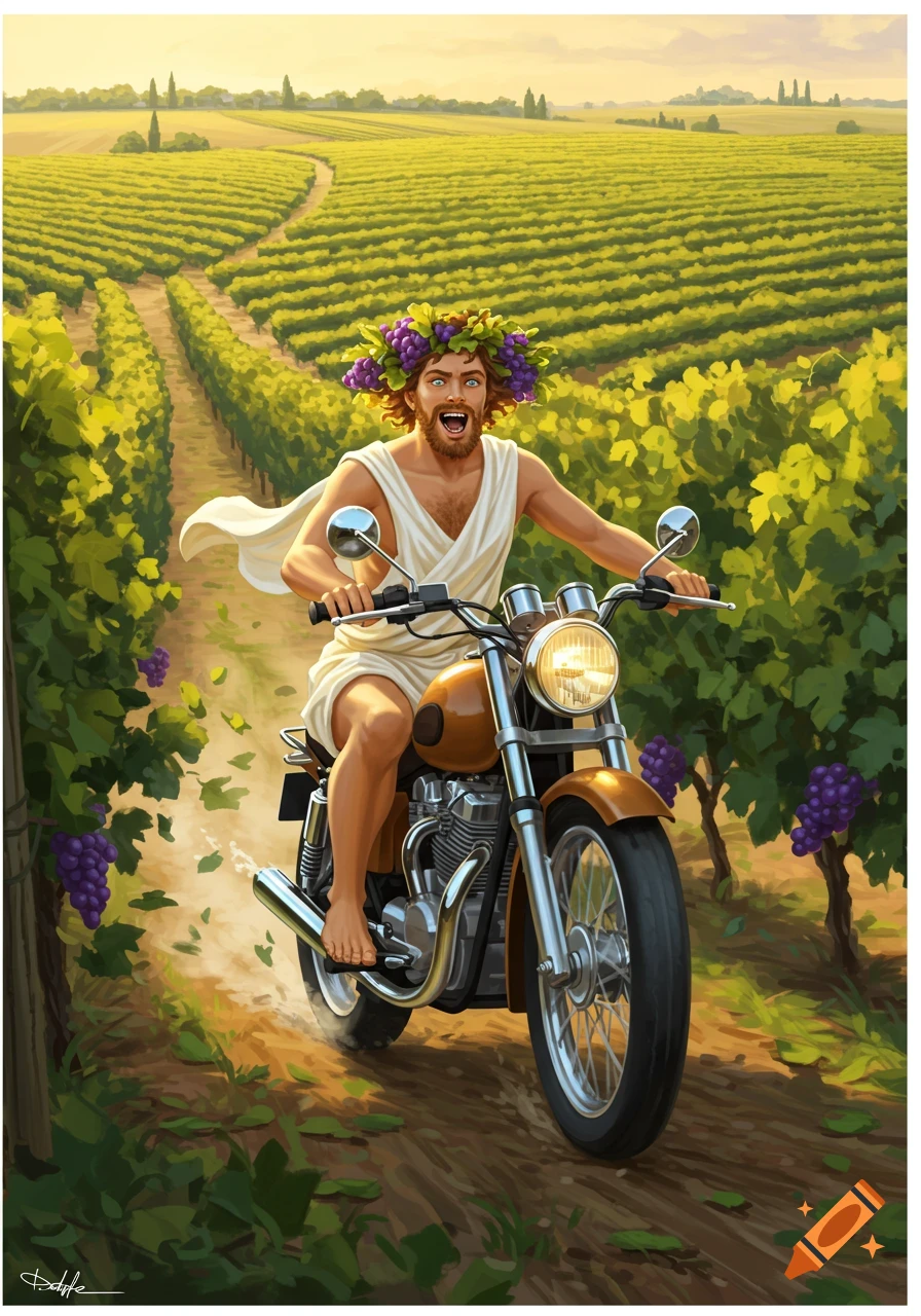 An illustration of Bacchus, a man with a grape wreath, joyfully riding a motorcycle through a sunny vineyard.