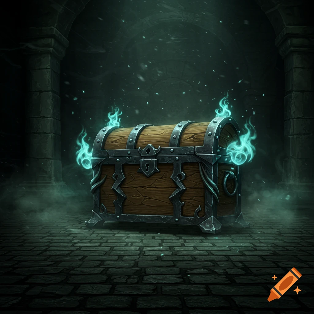 A wooden treasure chest with metal bands glows with ethereal teal flames and mist in a dark stone dungeon.
