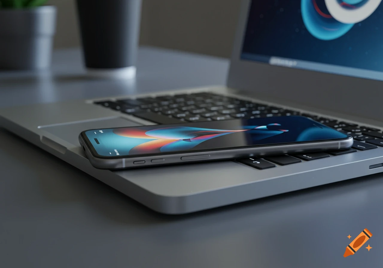 A photorealistic close-up of a silver iPhone resting on the keyboard of a silver laptop, with a coffee cup and plant in the blurry background.