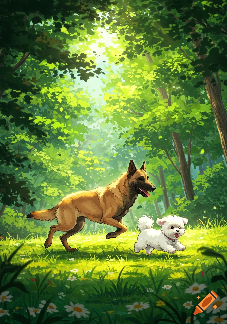 A brown Malinois and a white Bichon Frise dog joyfully run through a sunny, lush green forest in Miyazaki animation style.