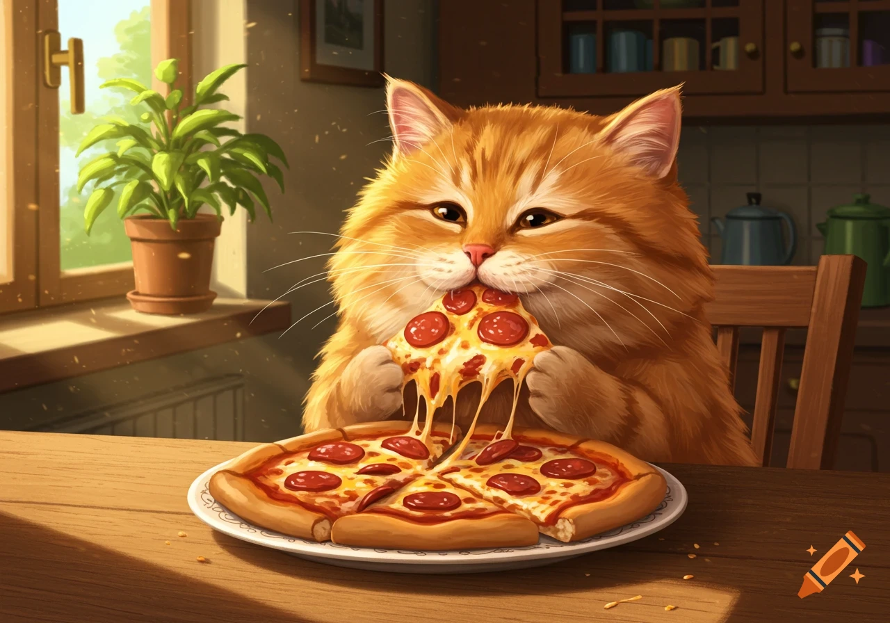 A fluffy orange cat happily devours a cheesy slice of pepperoni pizza at a wooden table in a sunlit kitchen.
